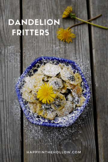 Dandelion fritters on a blue plate